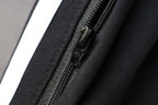 Black shorts with zip fly and contrast white stripe along seam