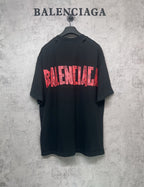 Black Balenciaga T-shirt with red graphic logo print, short sleeves, crew neck.