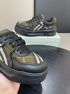 Burberry lace-up sneakers, black leather with yellow plaid and white stripe panels