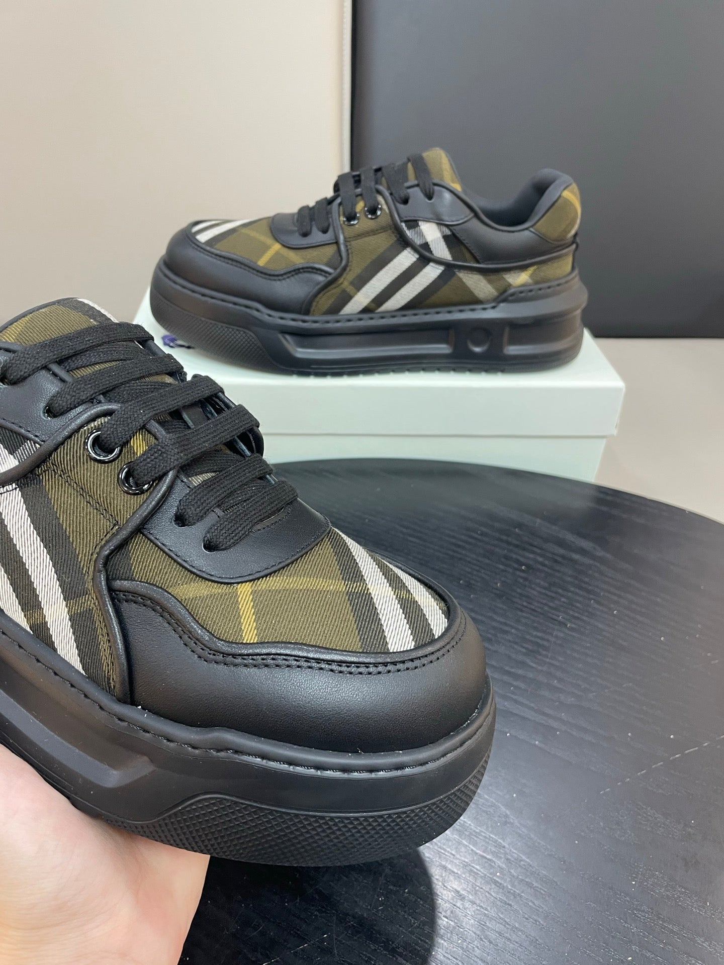 Burberry lace-up sneakers, black leather with yellow plaid and white stripe panels