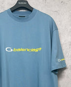 Blue Balenciaga logo T-shirt, front angled view with short sleeves