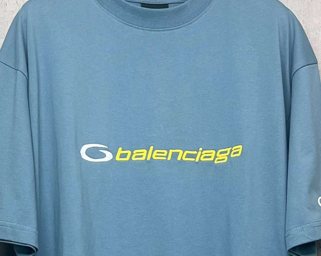 Blue Balenciaga logo T-shirt front close-up with crew neckline