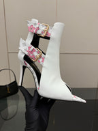 Louis Vuitton women's white ankle boots with pink floral patchwork straps and stiletto