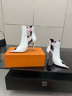 Louis Vuitton women's white ankle boots with floral insets and high stiletto heel
