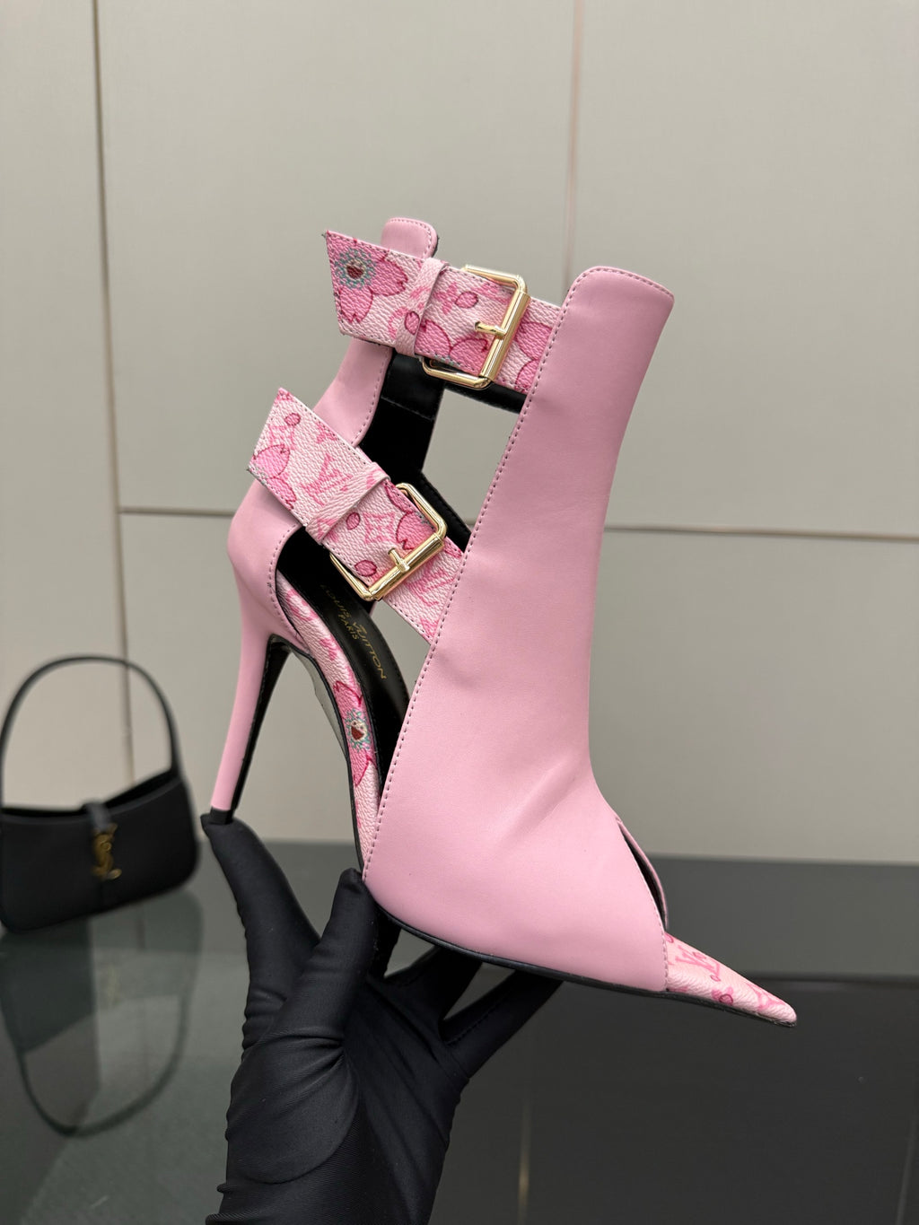 Women's Louis Vuitton pink ankle boots with patterned straps and high stiletto heel