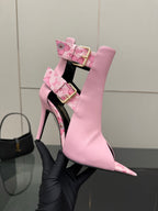 Women's Louis Vuitton pink ankle boots with patterned straps and high stiletto heel