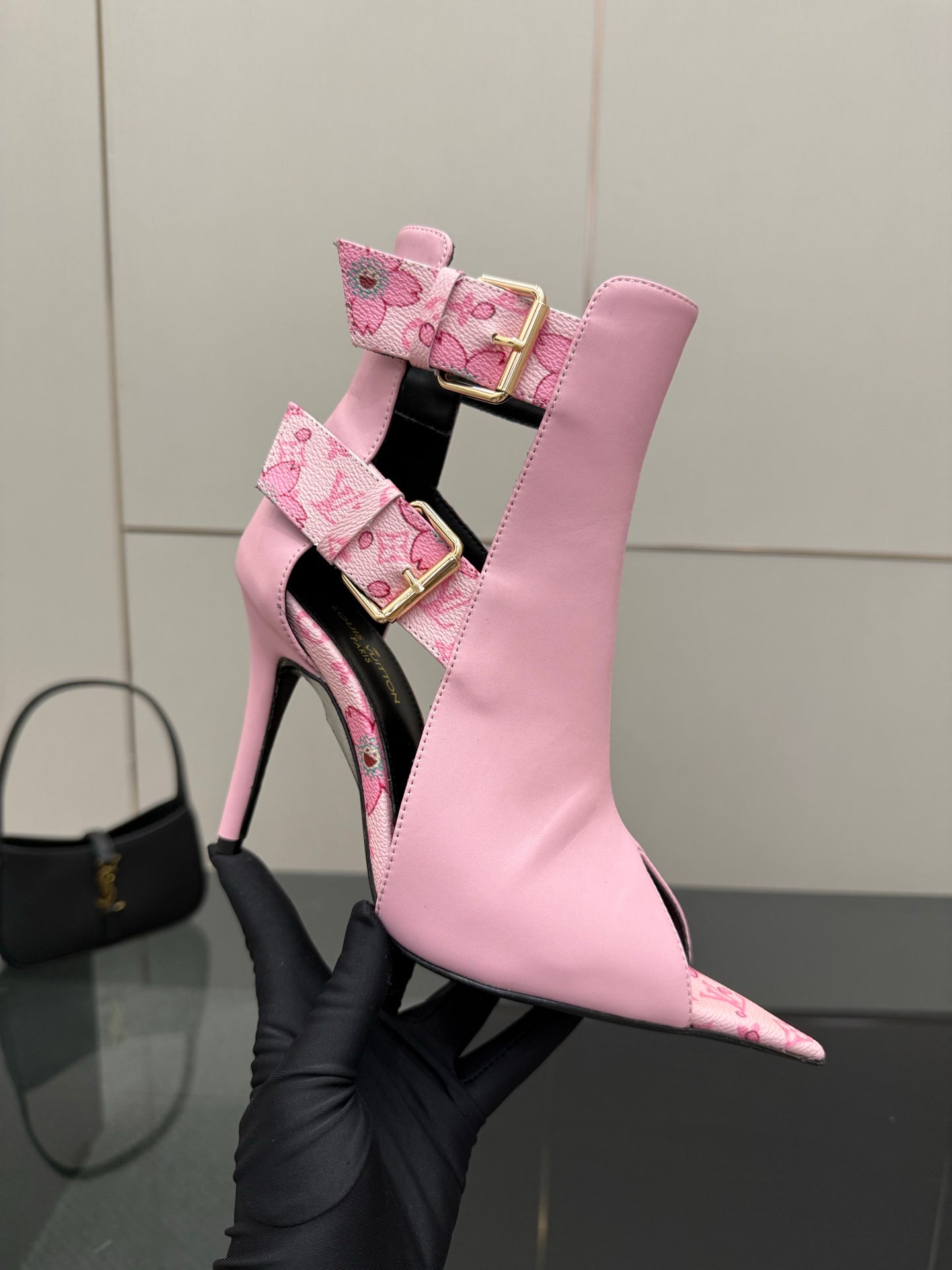 Women's Louis Vuitton pink ankle boots with patterned straps and high stiletto heel