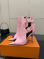 Women's Louis Vuitton pink ankle boot with gold buckle strap and pointed toe