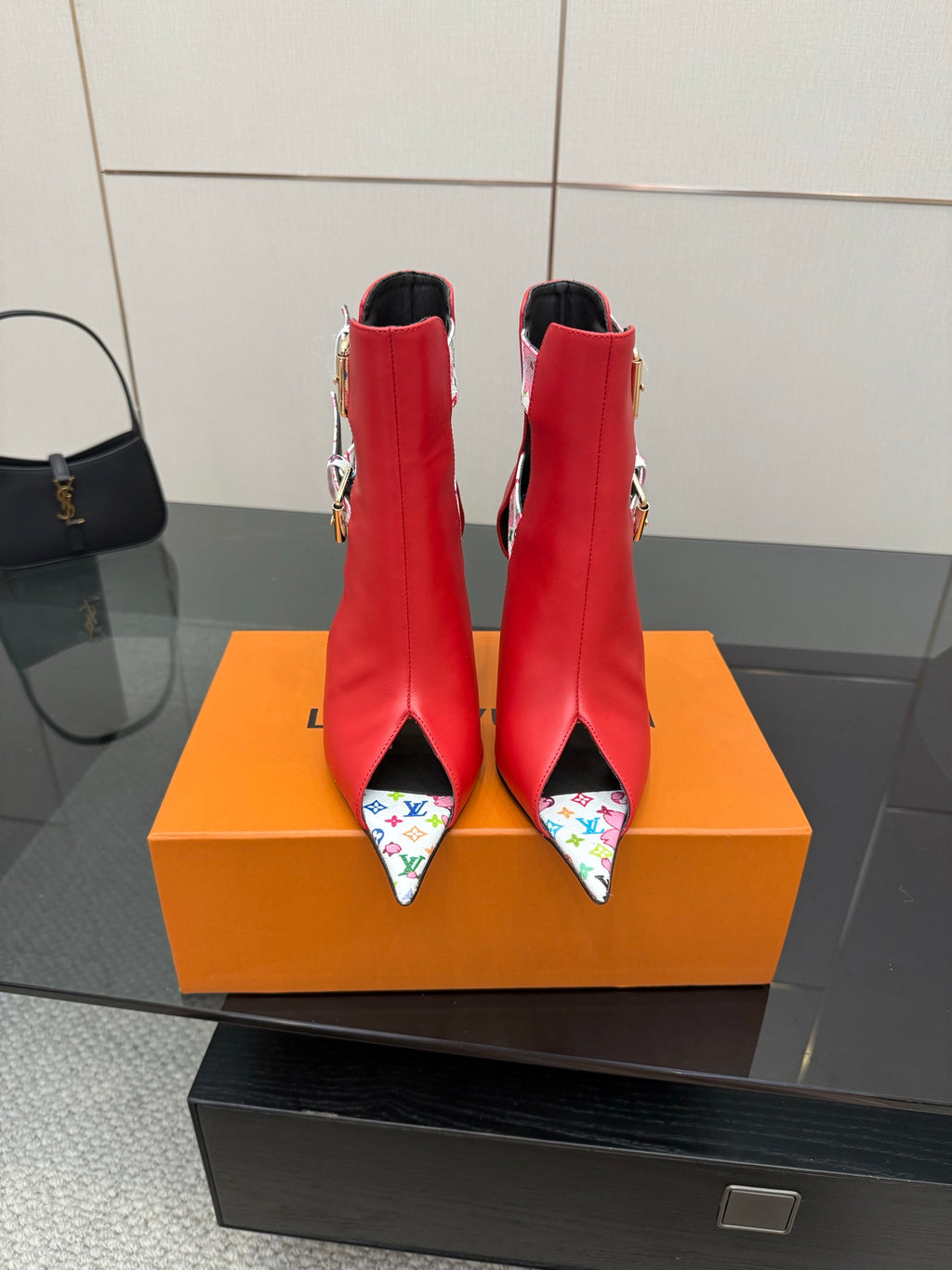 Louis Vuitton ladies ankle boots in red with multicolor patterned trim and high stiletto heel