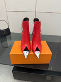 Louis Vuitton ladies ankle boots in red with multicolor patterned trim and high stiletto heel
