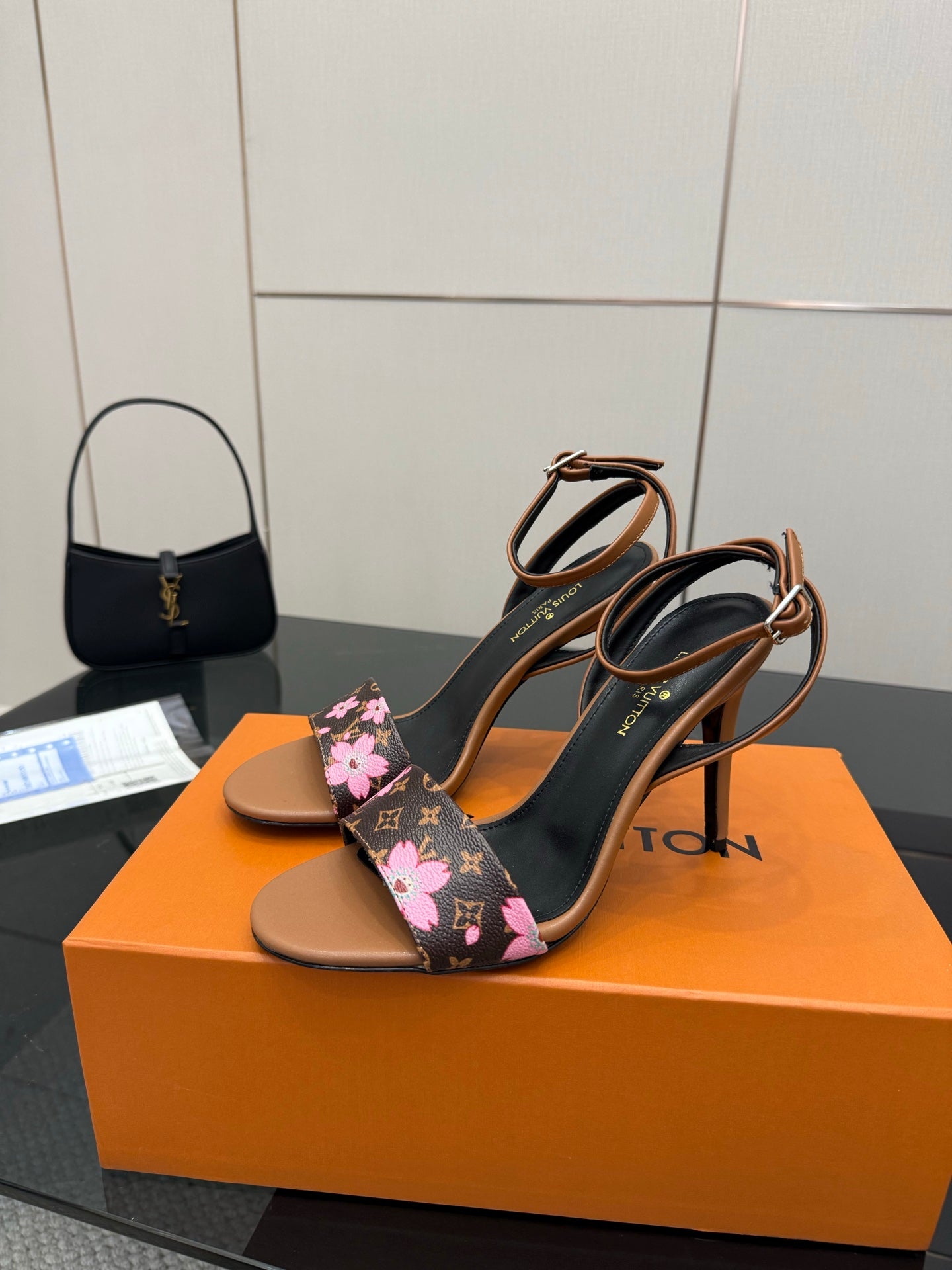 Louis Vuitton slingback sandals, black floral monogram straps, tan block heel pair