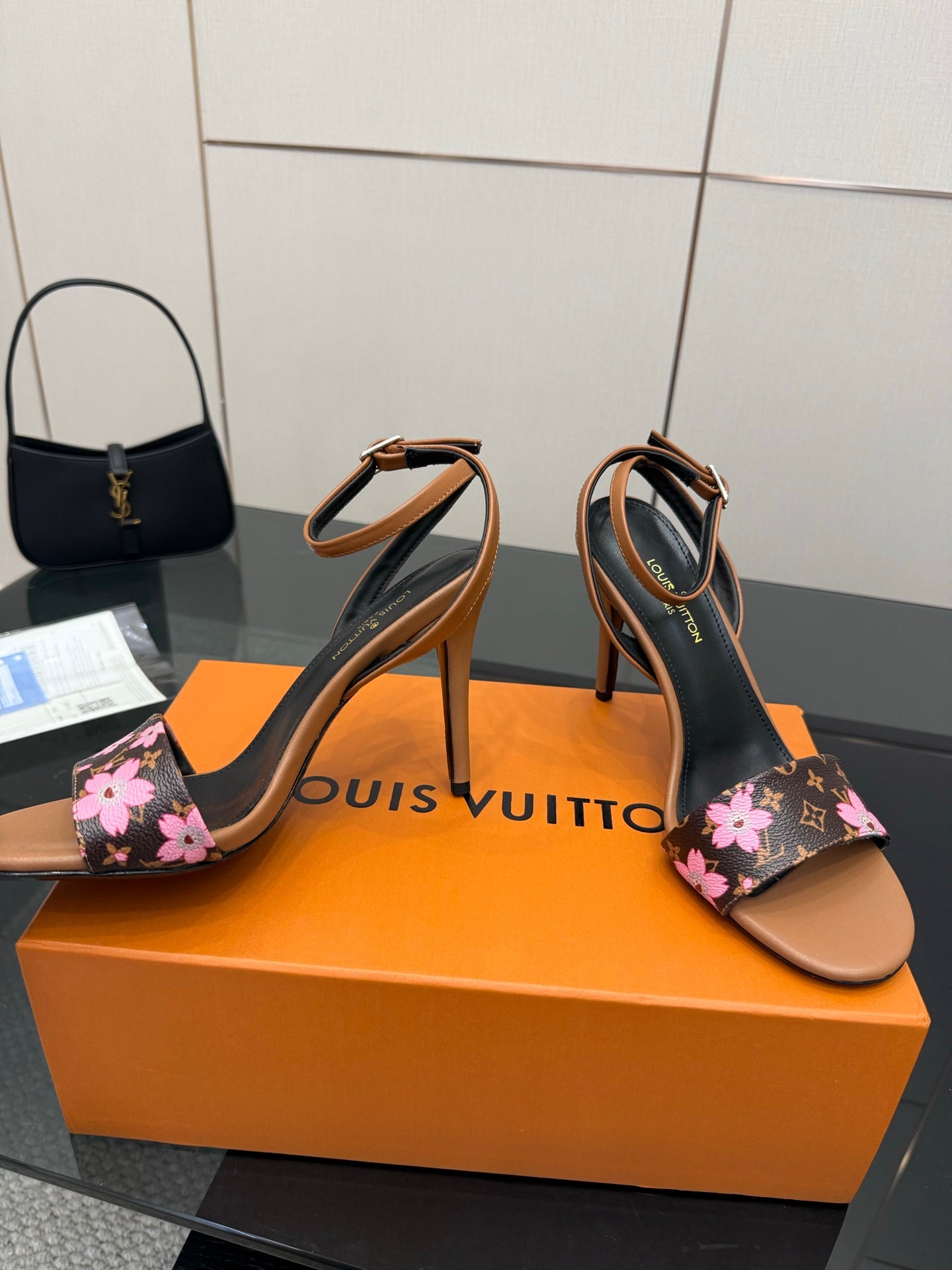 Louis Vuitton slingback sandals, black floral monogram straps and tan block heel