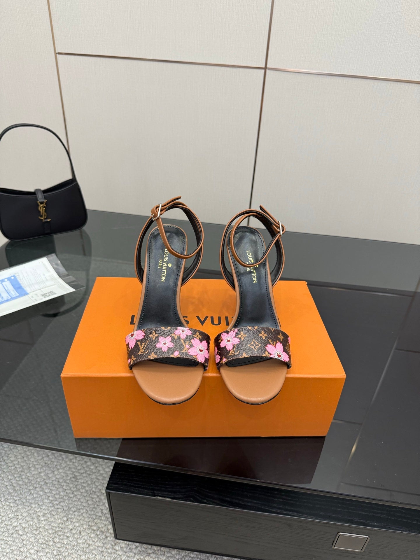 Louis Vuitton slingback sandals, black floral monogram straps, tan block heels