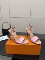Heeled sandals with nude ankle strap, pink patterned toe strap, high stiletto heel
