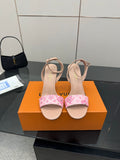 Louis Vuitton ladies heeled sandals with nude straps and pink patterned toe band