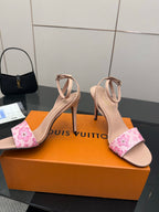 Heeled sandals with pink patterned forefoot straps and nude slingback heel strap