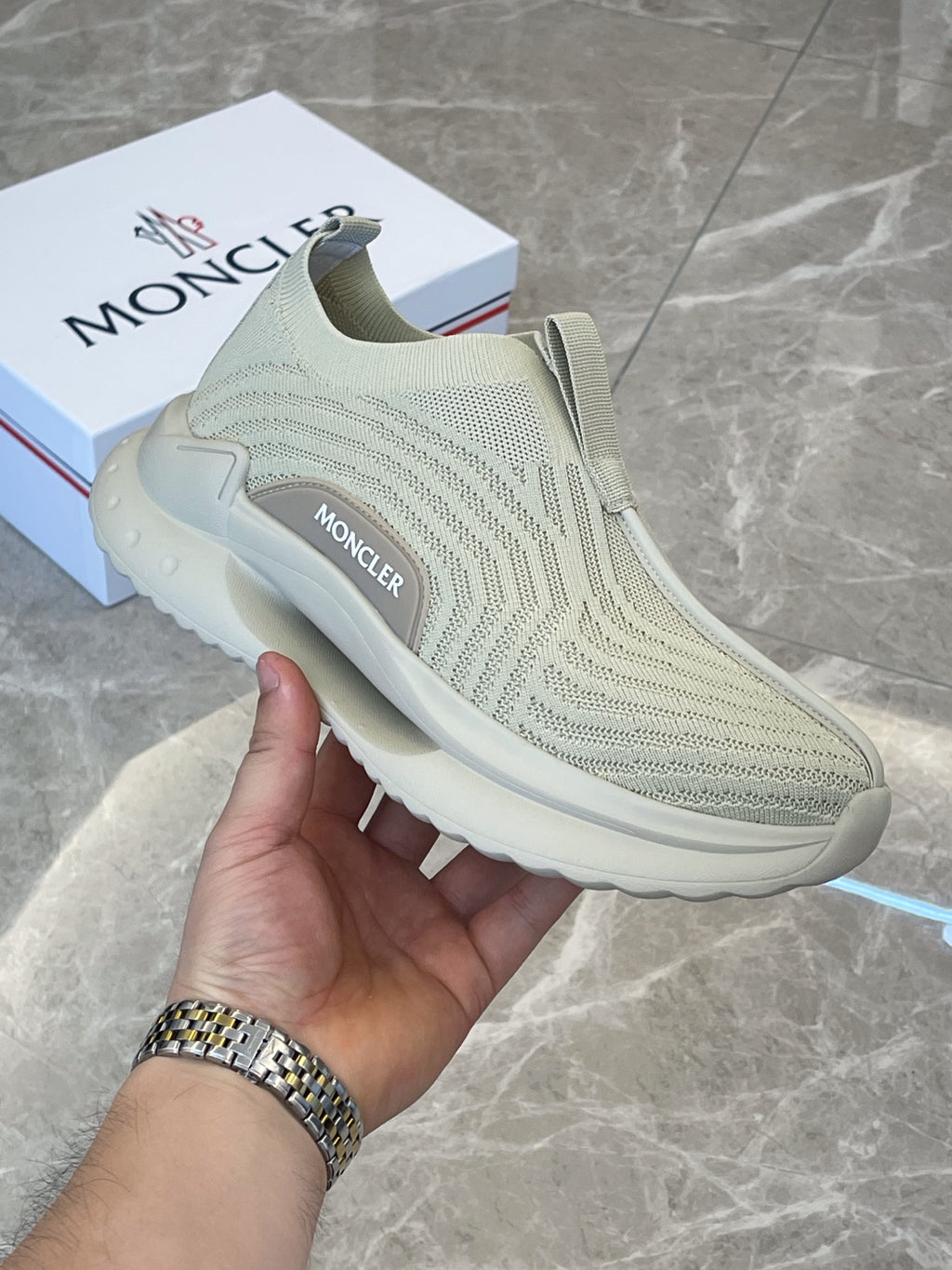 Moncler knit slip-on sneaker, light green, front view with side logo