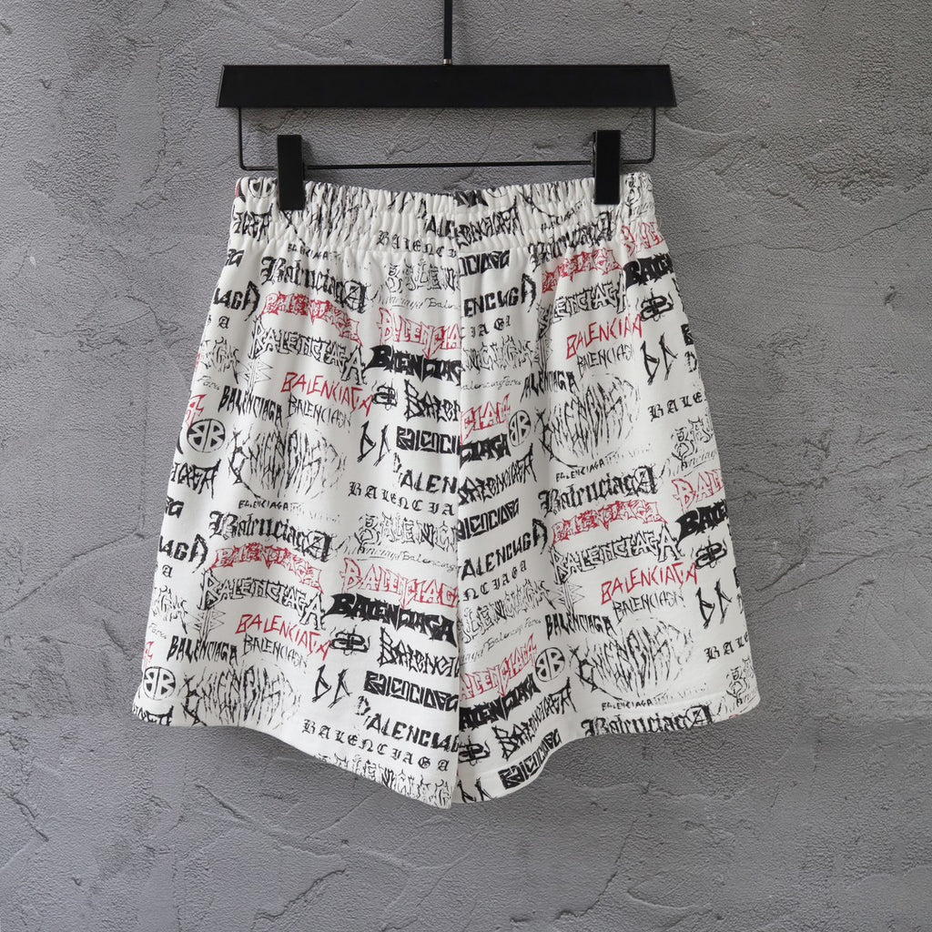 Balenciaga printed shorts with all-over text pattern and elastic waistband, white