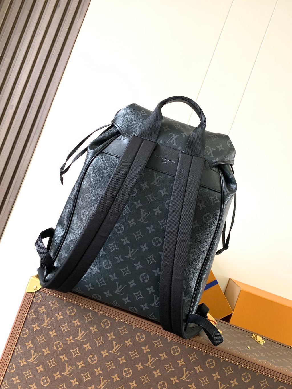 Louis Vuitton monogram backpack front view with two straps and top handle