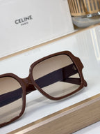 Celine brown square sunglasses with dark tinted lenses and logo on temple