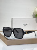 Celine black square sunglasses with gold logo on temples and dark tinted lenses