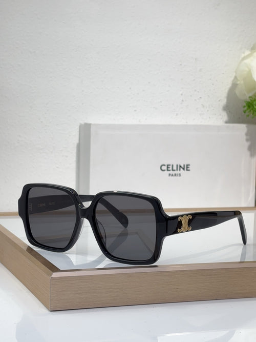 Celine black square sunglasses with gold logo on temples and dark tinted lenses