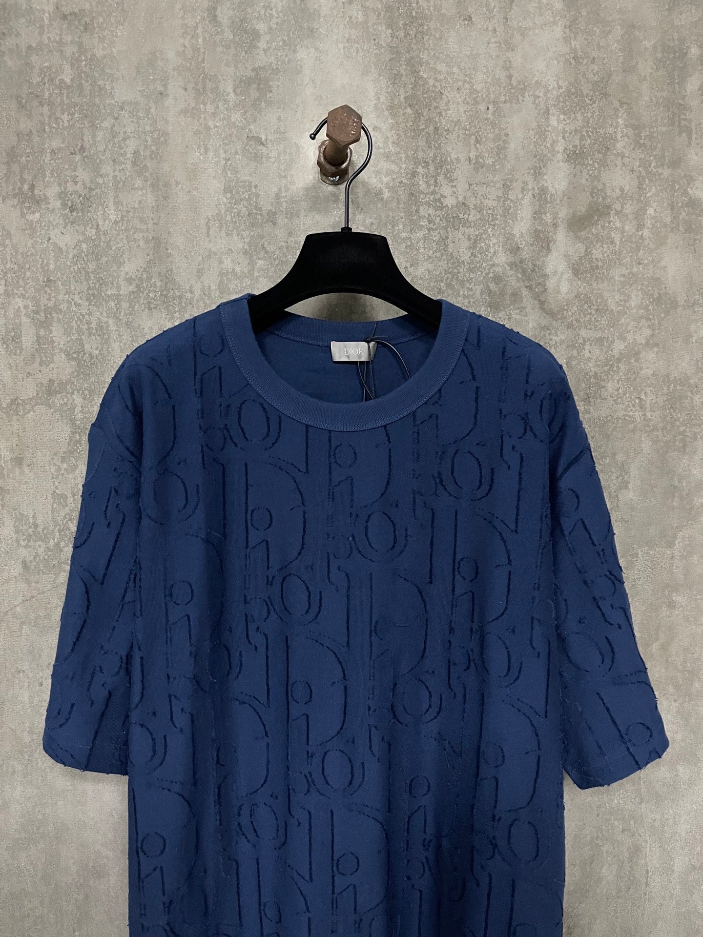 Dior short-sleeve crewneck T-shirt in dark blue with embossed logo texture