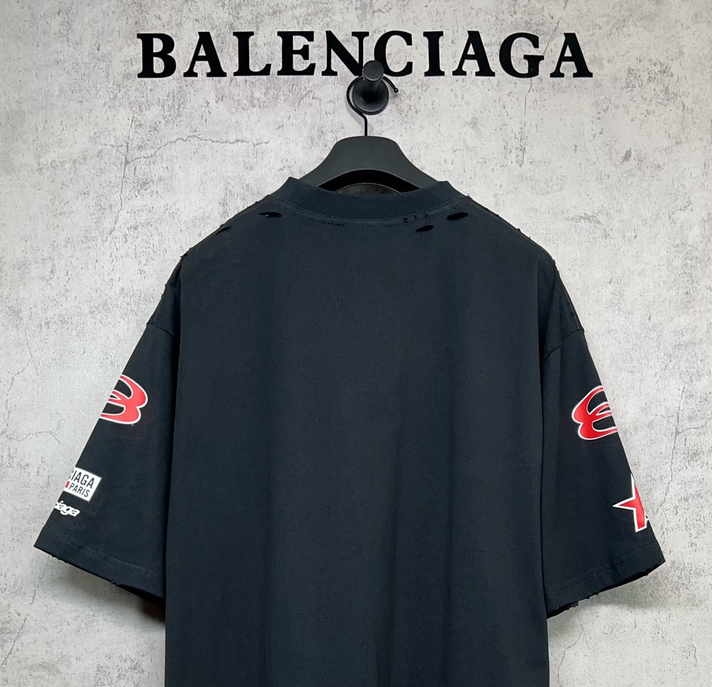 Dark navy short-sleeve T-shirt shown from back with sleeve prints and no front graphics.