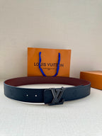 Blue textured leather belt with LV logo buckle and adjustable holes