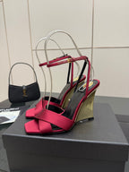 Women's heeled sandal with pink bow front straps and mirrored gold wedge heel