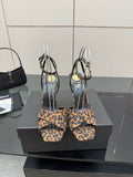 Women's high-heel sandals with leopard-print straps and clear loops, pair view.