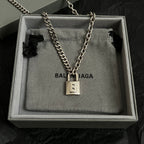 Silver chain necklace with square padlock pendant engraved B, in box
