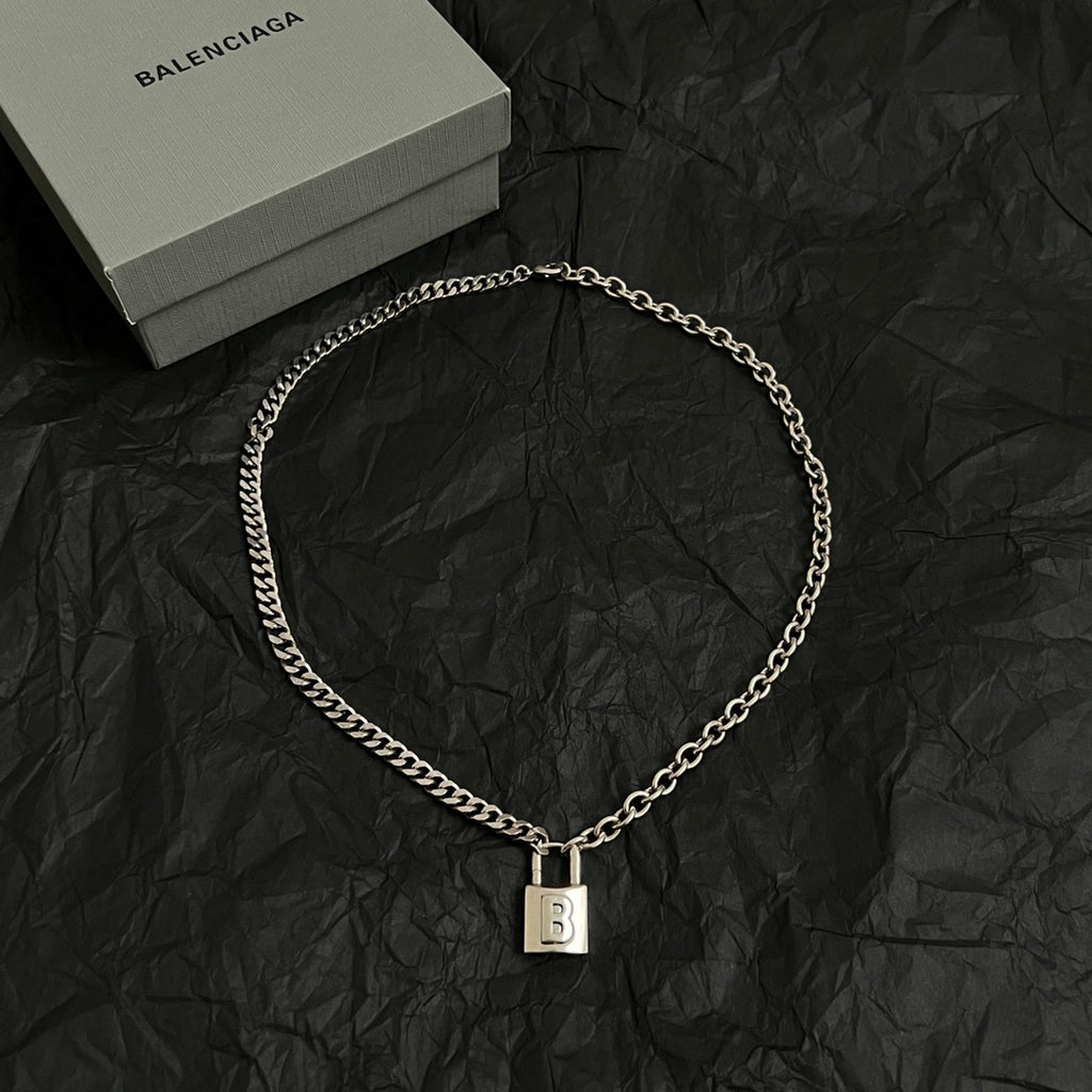 Silver chain choker necklace with square B padlock charm