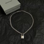 Silver chain choker necklace with square B padlock charm