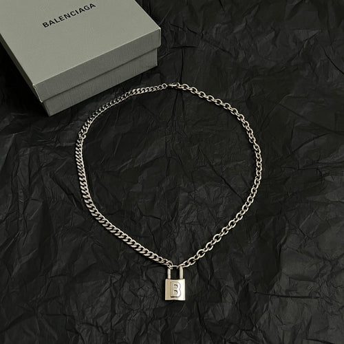 Silver chain choker necklace with square B padlock charm