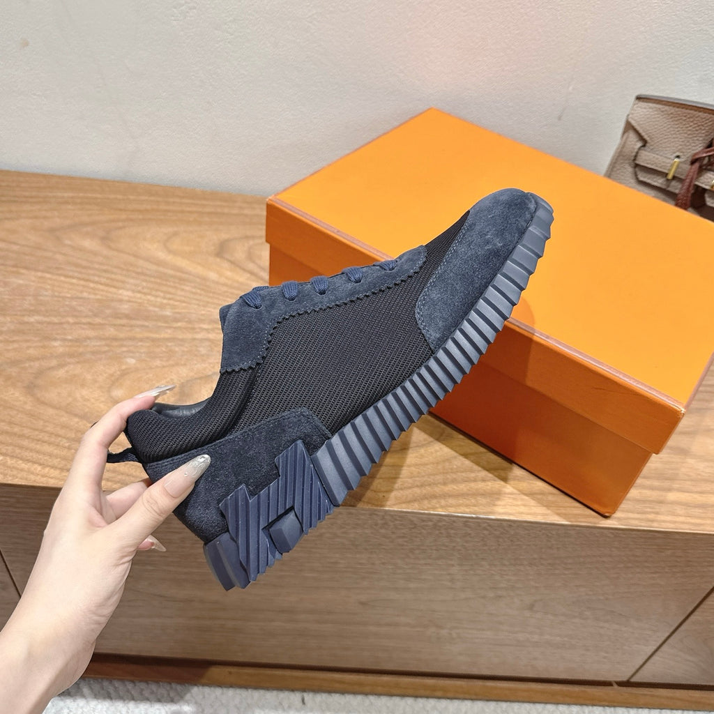 Hermes unisex dark blue suede sneaker upper, lace eyelets and textured side panel