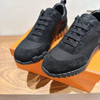 Hermes unisex sneakers, black lace-up suede and knit, chunky tread and rubber edge