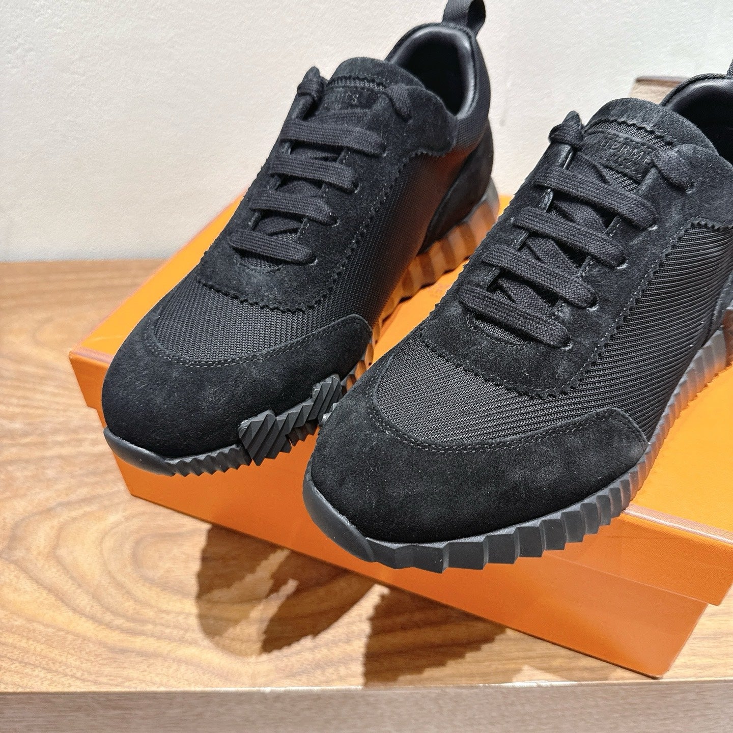 Hermes unisex sneakers, black lace-up suede and knit, chunky tread and rubber edge