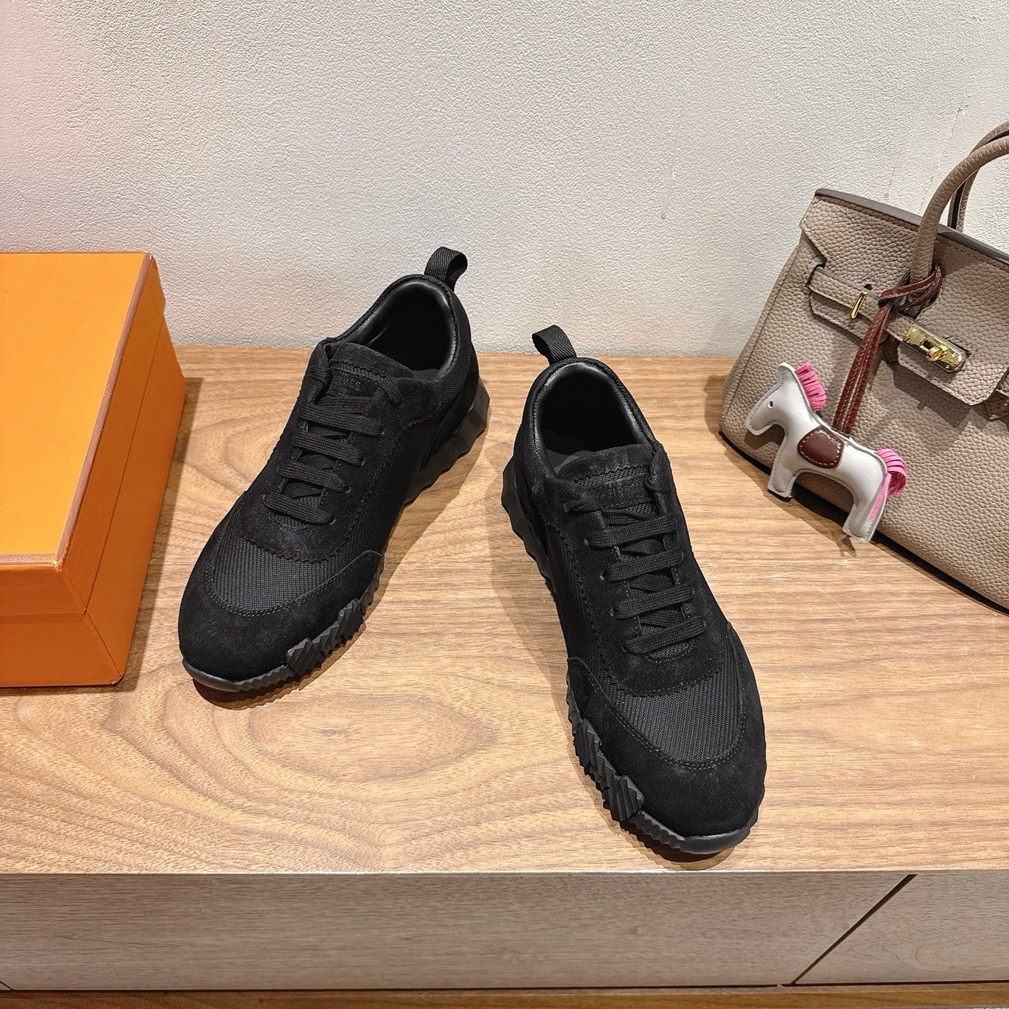 Hermes unisex sneakers, black lace-up with textured upper and chunky rubber sole
