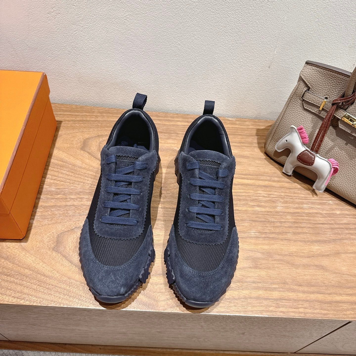 Hermes unisex suede sneakers in dark blue, lace-up design and padded tongue