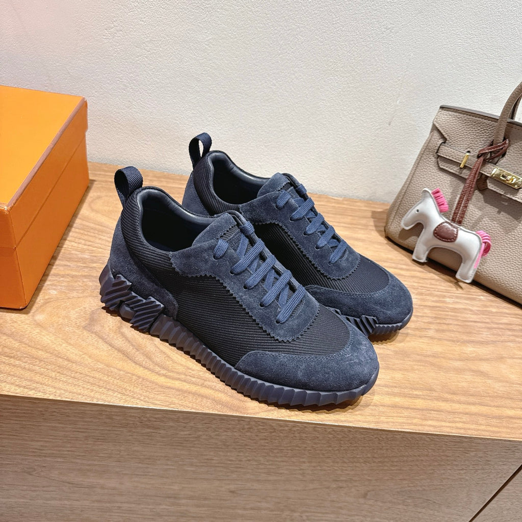 Hermes unisex suede sneakers in dark blue, lace-up with ribbed sole tread