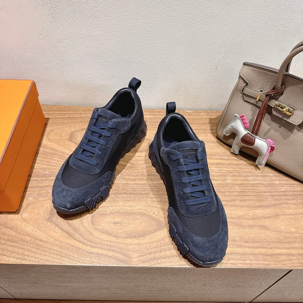 Hermes unisex suede sneakers, dark blue lace-up with textured rubber sole