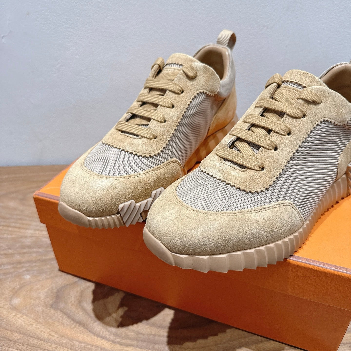 Hermes lace-up sneakers, cream suede toes with light gray side panels and laces
