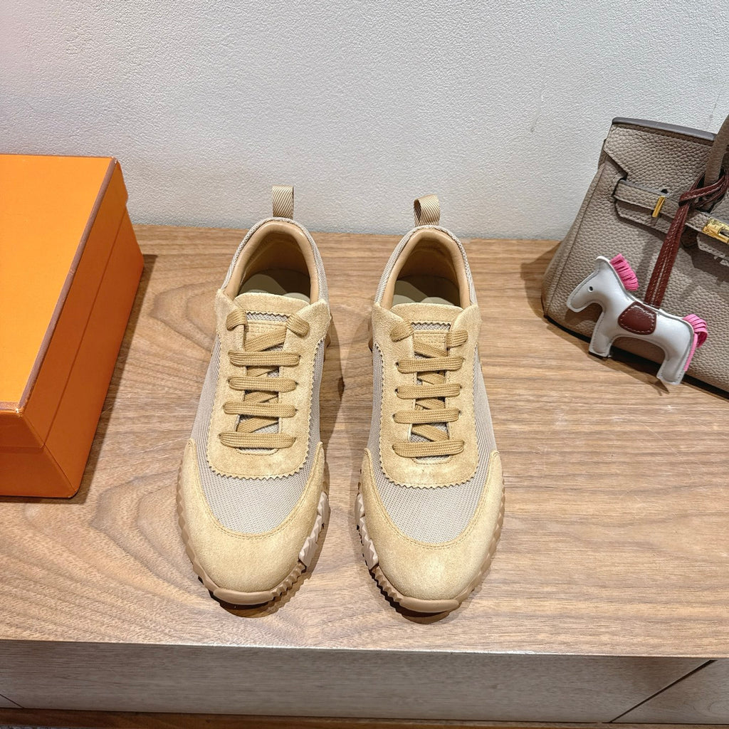 Hermes lace-up sneakers in cream suede with white panels and tan rubber sole