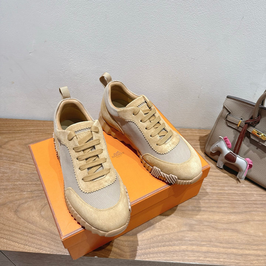 Hermes lace-up sneakers with cream suede overlays and light gray mesh panels