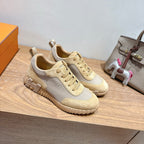 Hermes lace-up sneakers, light gray and cream colorblock with textured rubber sole