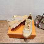 Hermes lace-up sneakers on orange box, cream suede and light gray knit upper