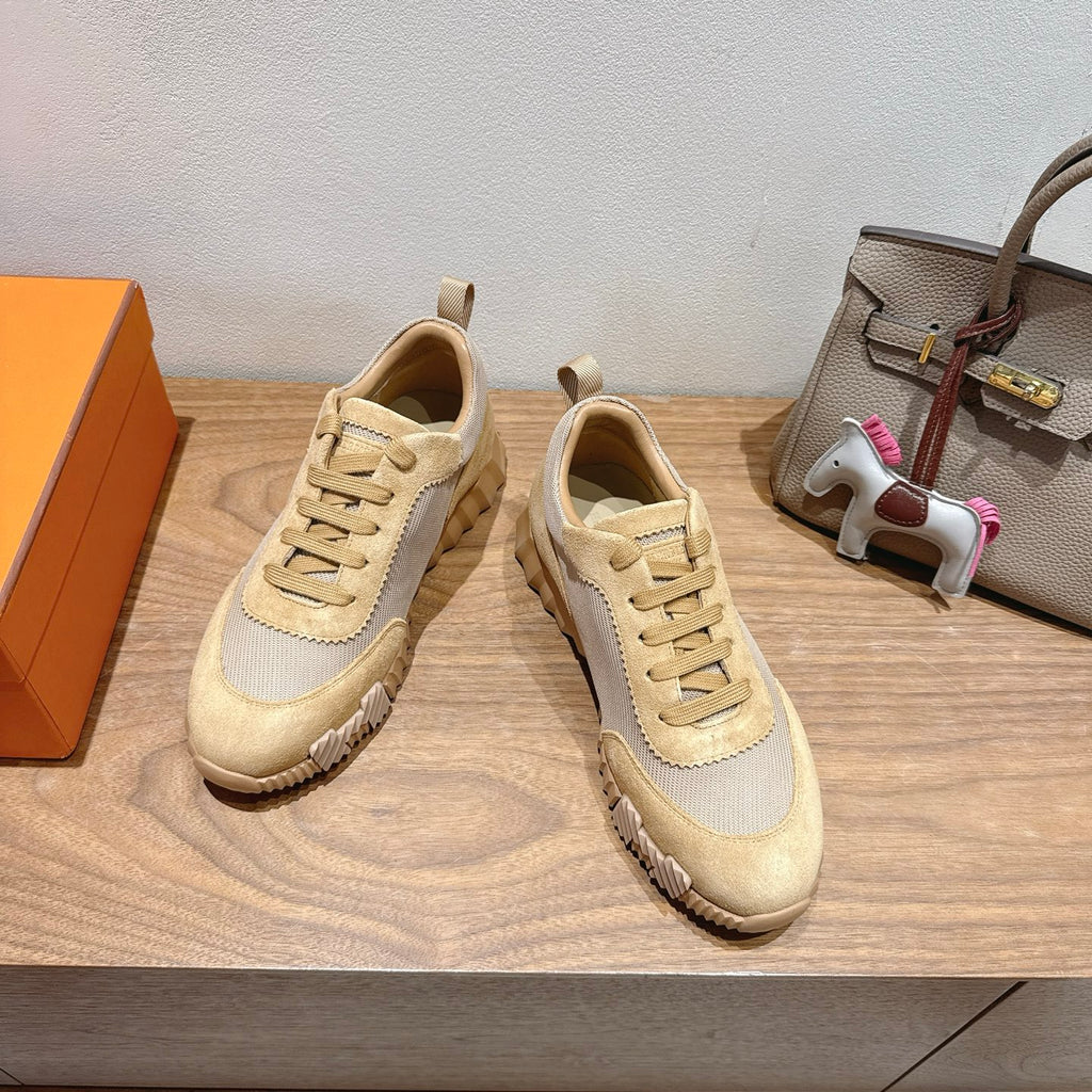 Hermes lace-up sneakers, cream and light gray uppers with beige trim and sole