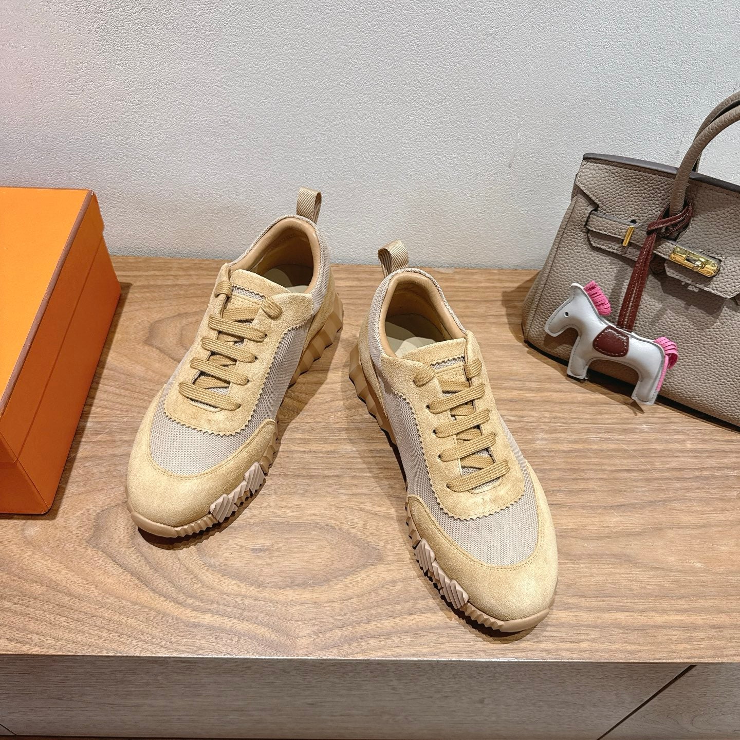 Hermes lace-up sneakers, cream and light gray uppers with beige trim and sole