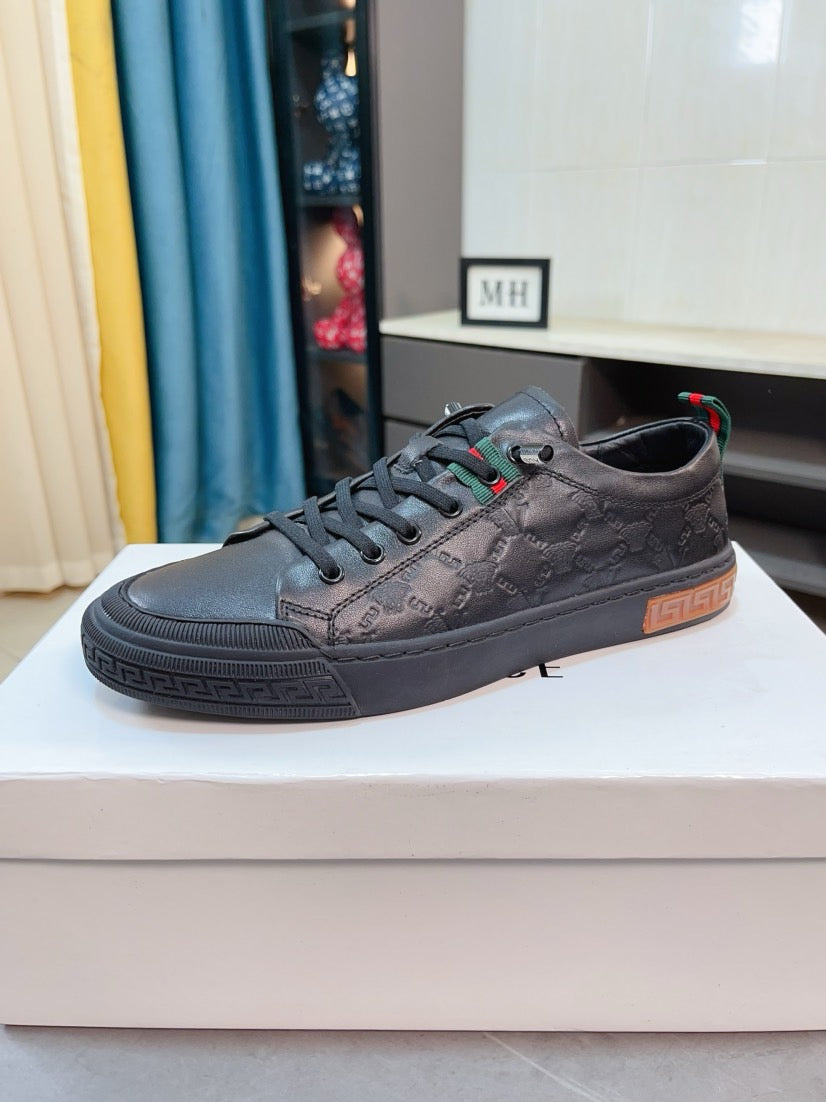 Versace sneakers, dark gray leather, lace-up with embossed logo and multicolor side detail
